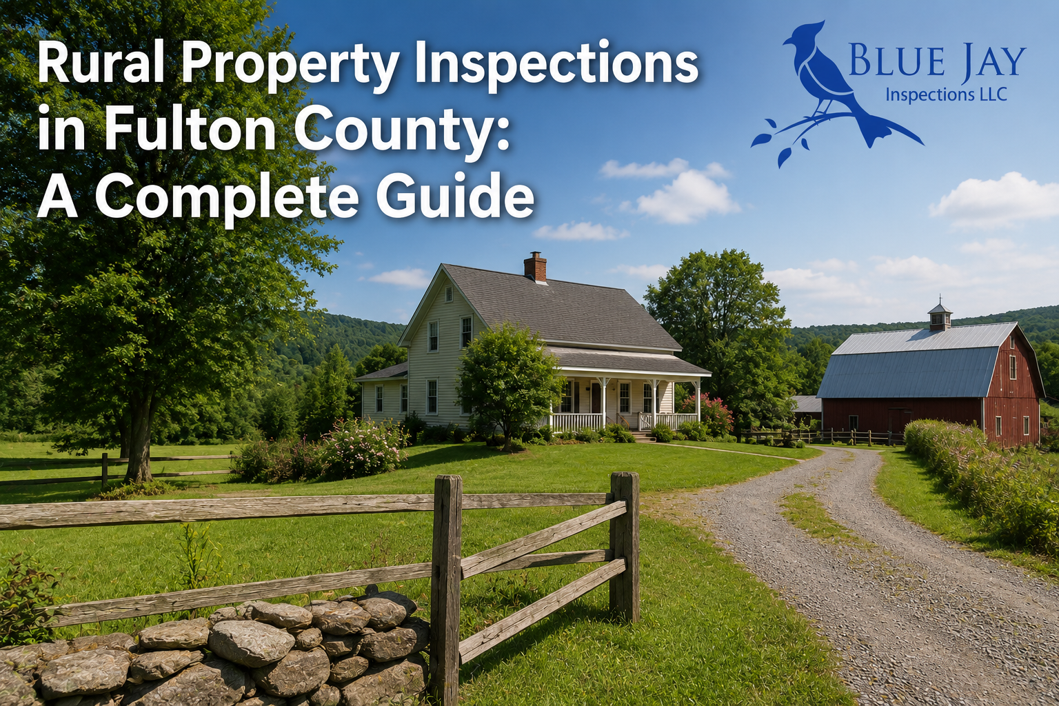 Rural property in Fulton County, New York featuring a farmhouse, barn, acreage, fencing, and long gravel driveway, illustrating the unique features evaluated during a comprehensive rural property inspection.
