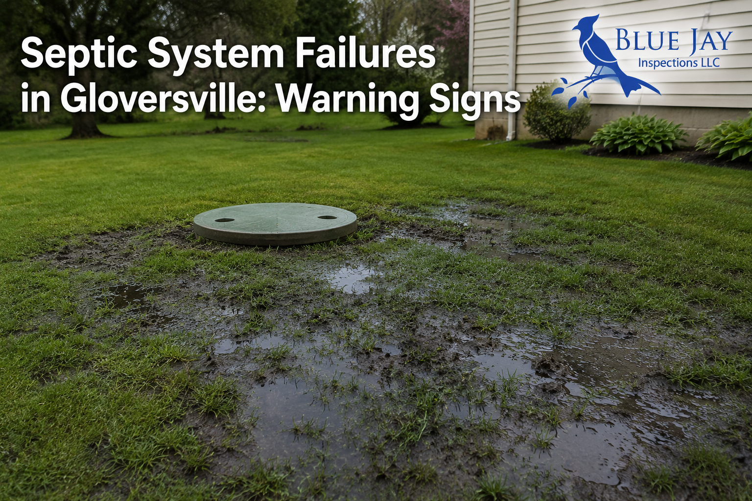 Standing water and saturated soil around a residential septic system in Gloversville, NY, showing common warning signs of potential septic system failure near a home's drain field.