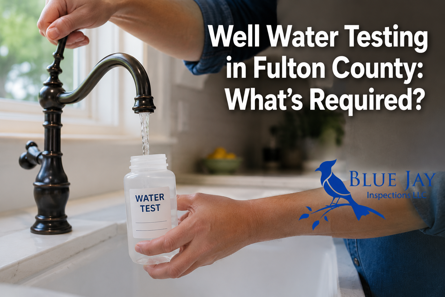Water sample bottle being filled from a residential kitchen faucet for well water testing in Fulton County, New York, demonstrating water quality testing for a private well during a real estate transaction.